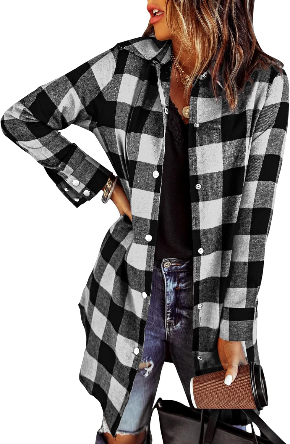 EVALESS Color Block Plaid Shacket Jacket for Women in Fall Fashion