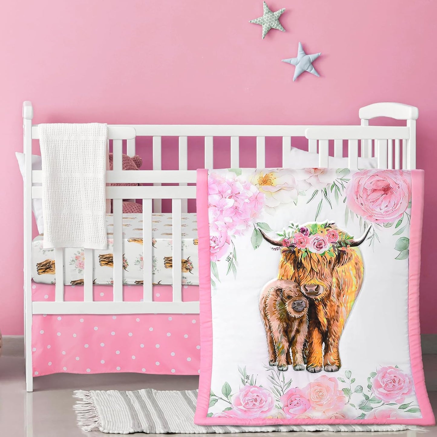 Highland Cow Baby Crib Bedding Set for Girls - 3 Piece Set