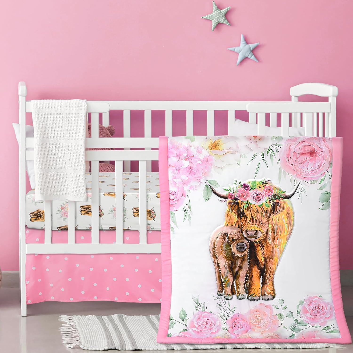 Highland Cow Baby Crib Bedding Set for Girls - 3 Piece Set