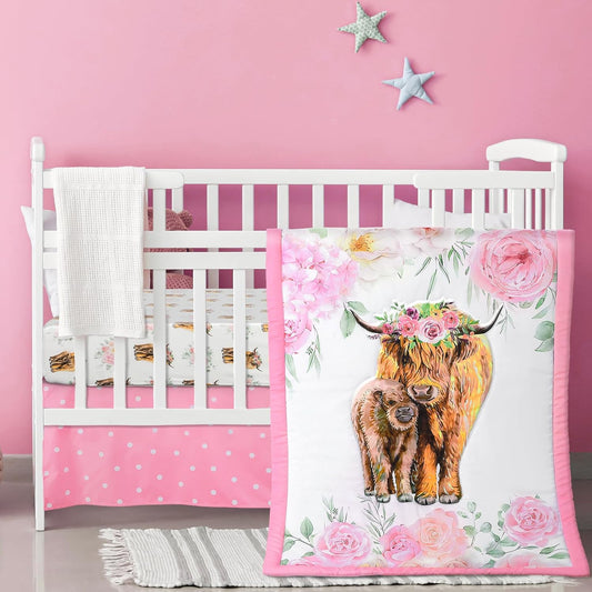 Highland Cow Baby Crib Bedding Set for Girls - 3 Piece Set