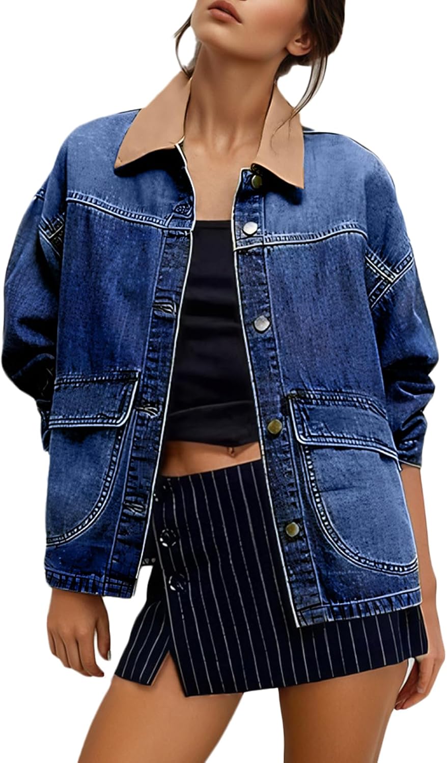 Trendy Color Block Denim Jacket for Women - Oversized Shacket