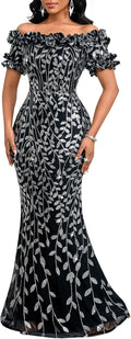 Women Sequin Off Shoulder Ruffle Bodycon Mermaid Maxi (Style YRFN)