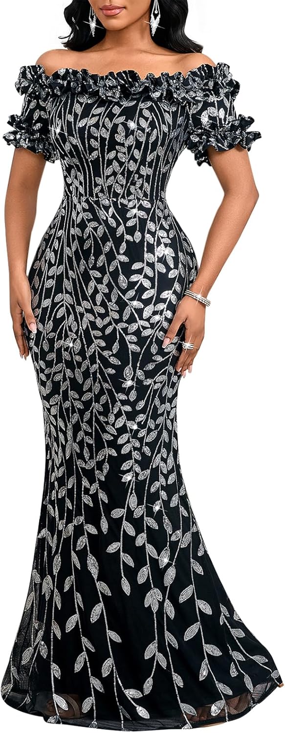 Women Sexy Sequin Off Shoulder Ruffle Bodycon Mermaid Dress