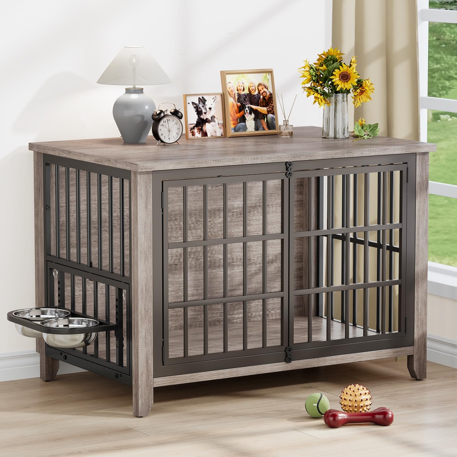 37.7 Dog Crate Furniture with 360 Rotating Feeder for Medium Dogs