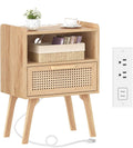 Natural Rattan Nightstand with Charging Station for Small Spaces