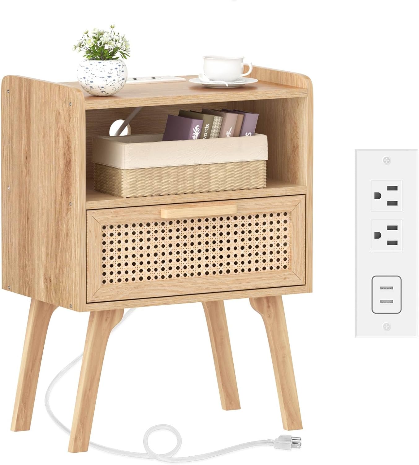 Natural Rattan Nightstand with Charging Station for Small Spaces