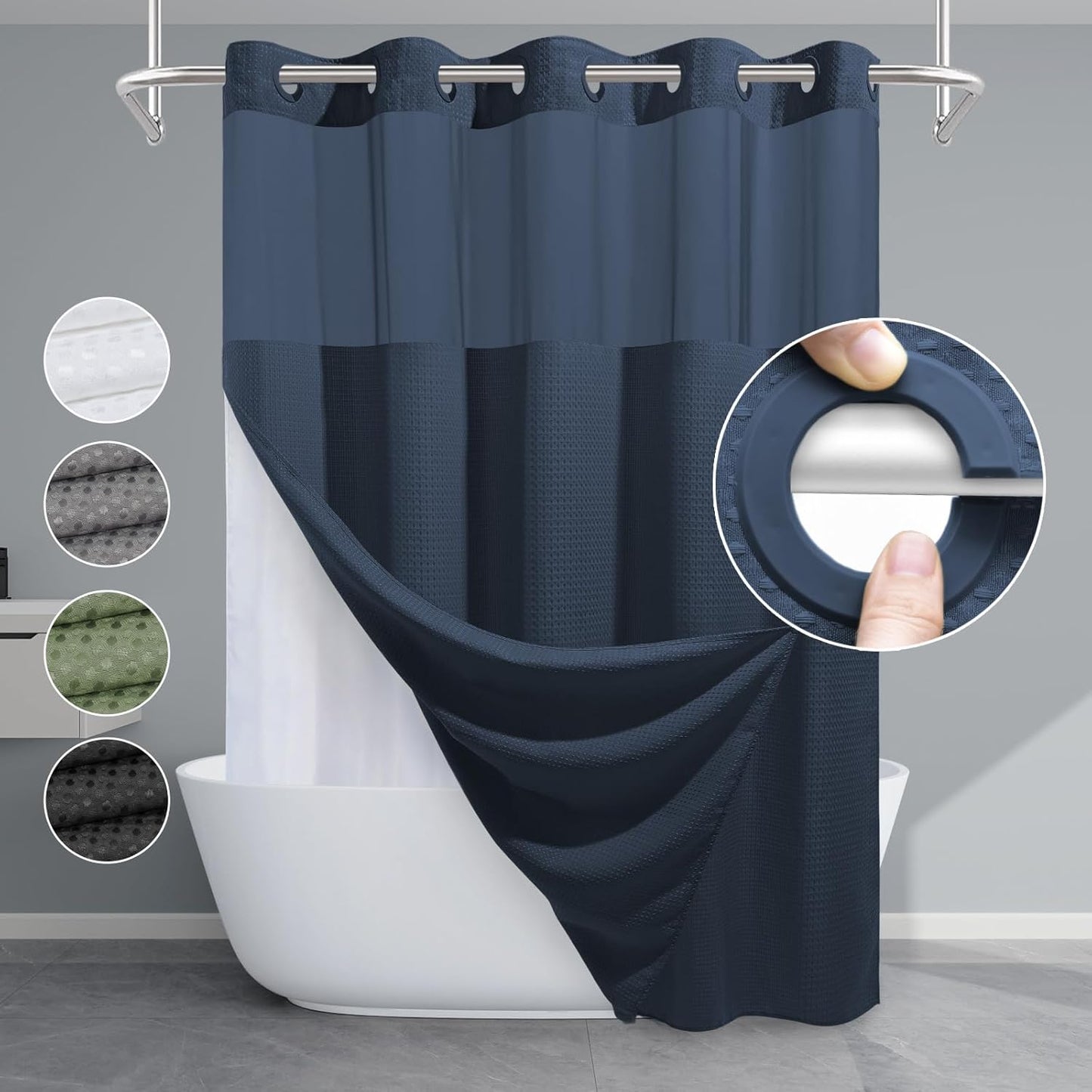 Navy Blue No Hook Shower Curtain with Snap in Liner for Elegance