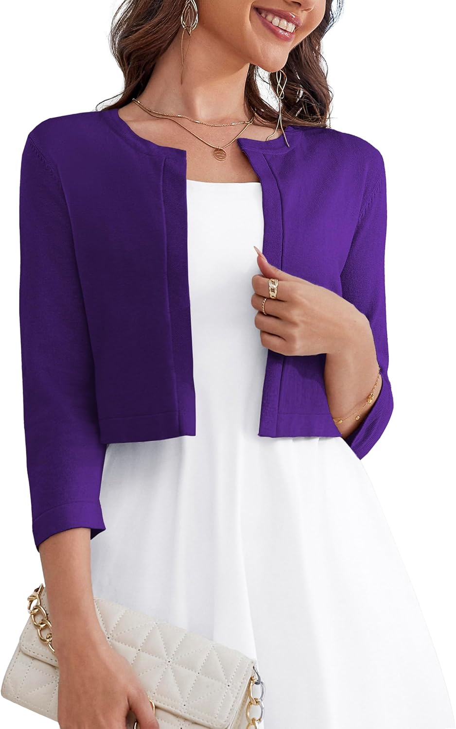OmicGot Women's 3/4 Sleeve Open Front Knit Cropped Cardigan