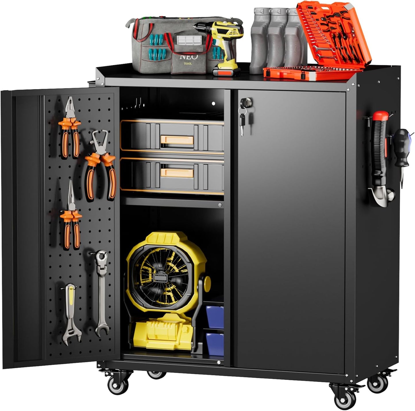 Metal Tool Cabinets with Pegboard and Wheels for Garage Storage