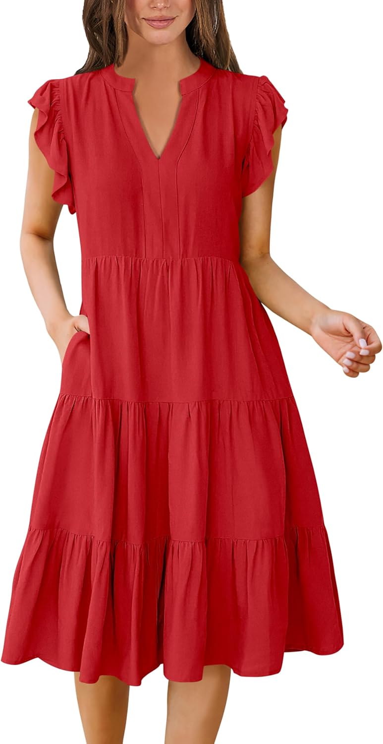 Womens Summer Dress Ruffle Sleeve V Neck Midi Casual Sundress