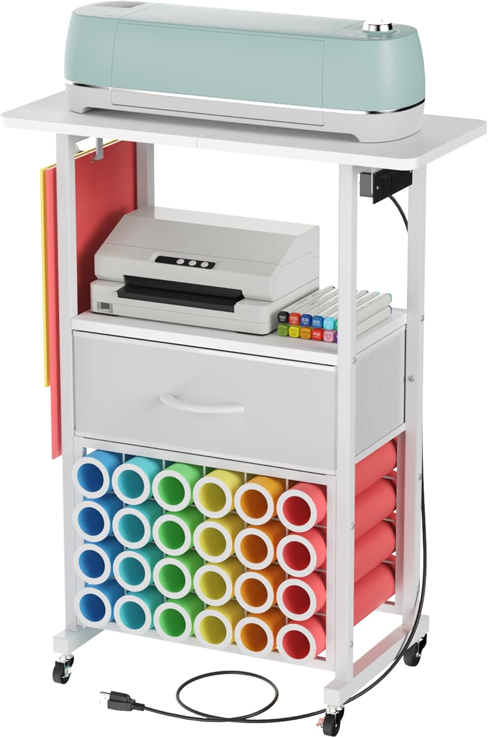 Rolling Craft Cart with Charging Station for Cricut Machines