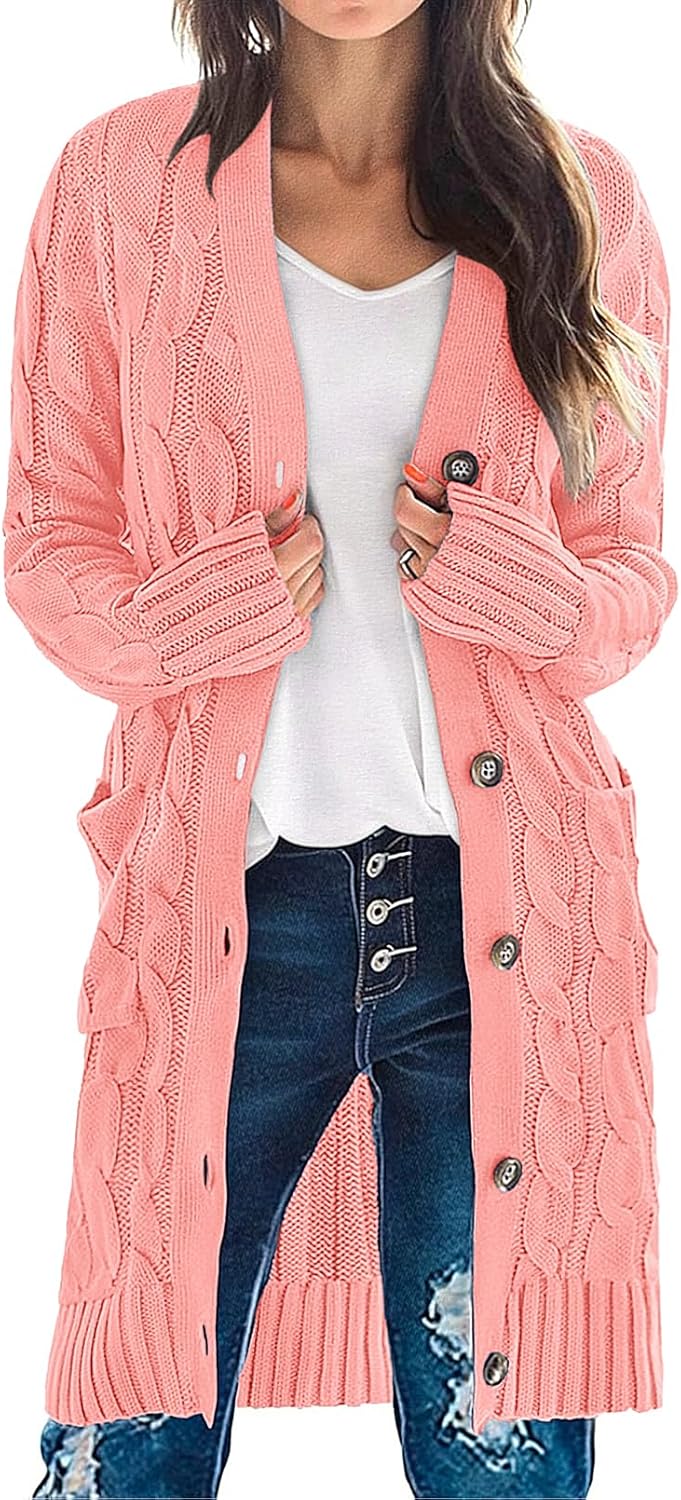 MEROKEETY Women's Long Sleeve Cable Knit Cardigan Sweater