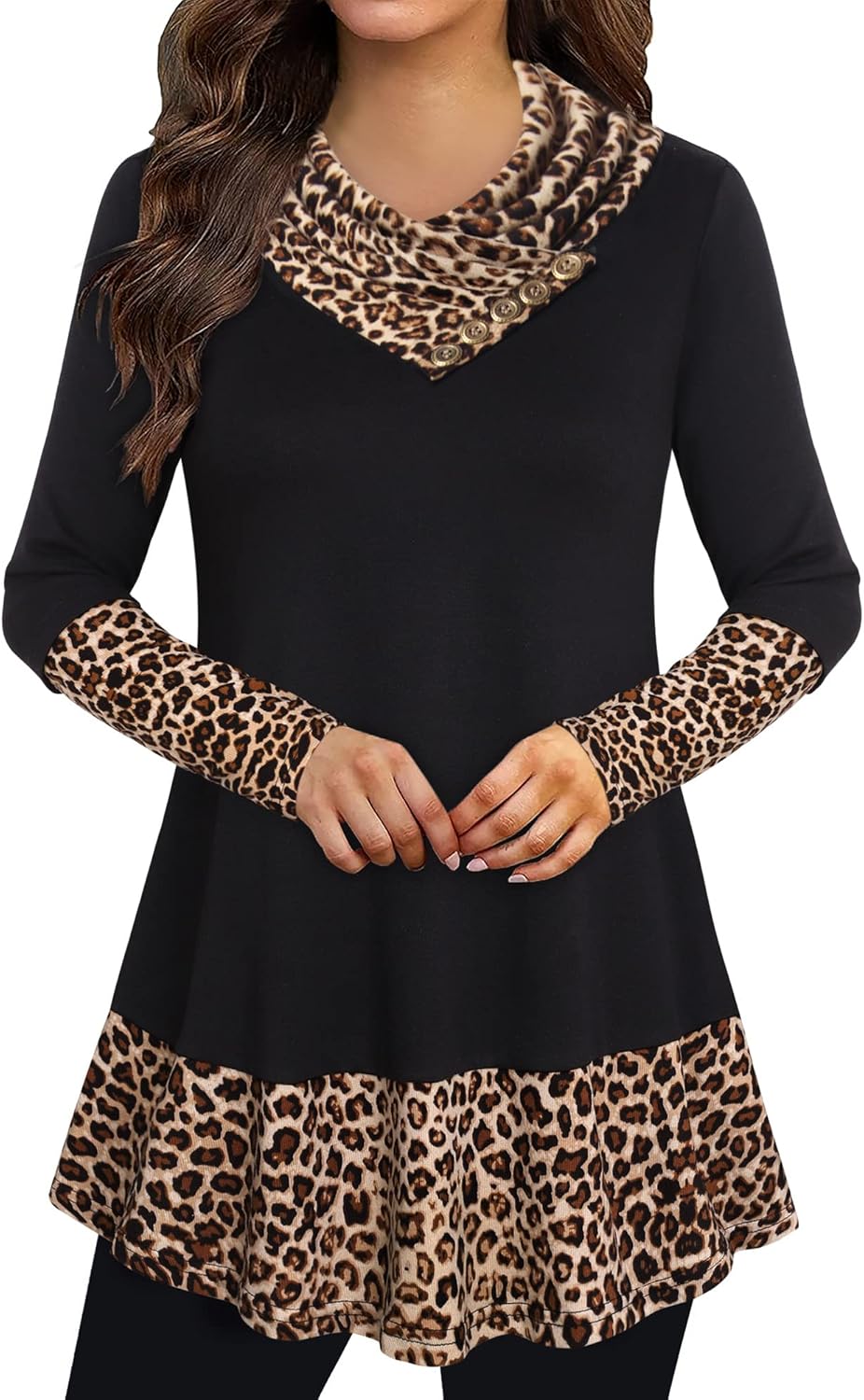 Cowl Neck Tunics Long Sleeve A-Line Top Blouse for Women