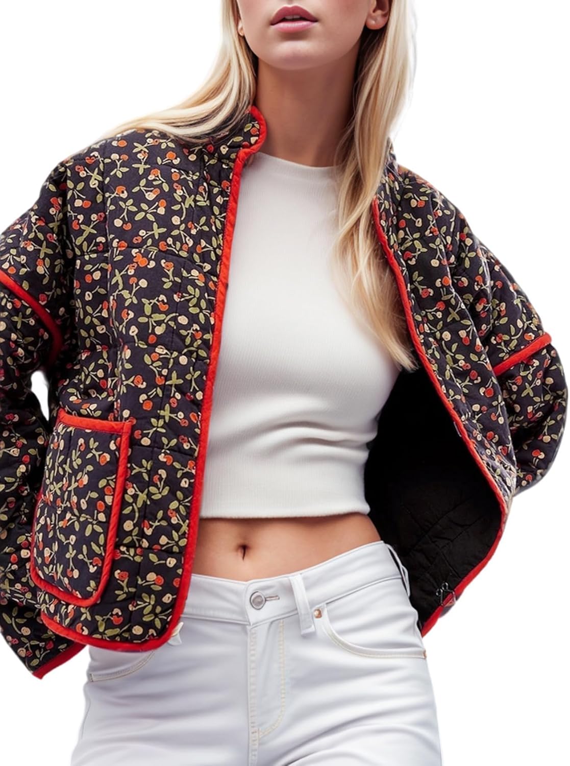 YKR Women's Cropped Puffer Jacket with Floral Print Design
