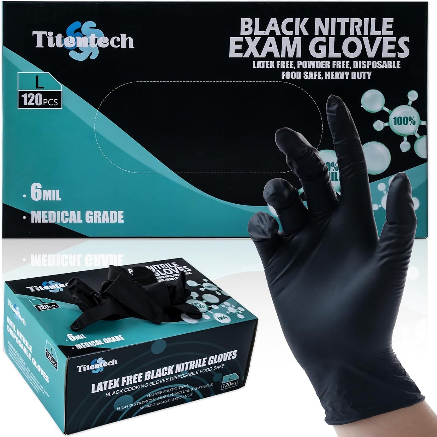 Titentech 6 mil Black Nitrile Gloves - 120PCS, Food Grade, Medical-Grade