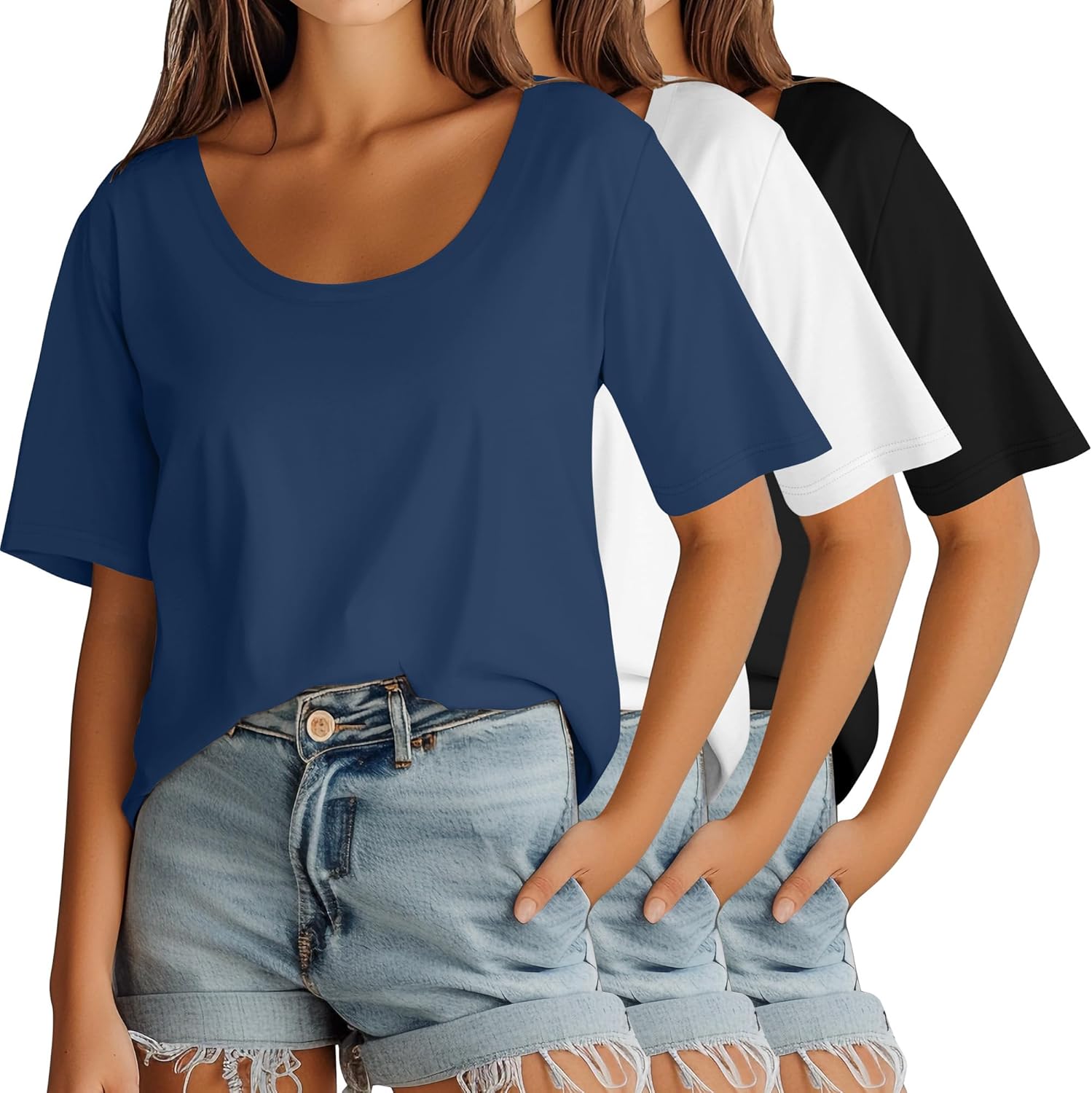 Ficerd 3 Pack Scoop Neck Elbow Length Half Sleeve Tops for Women