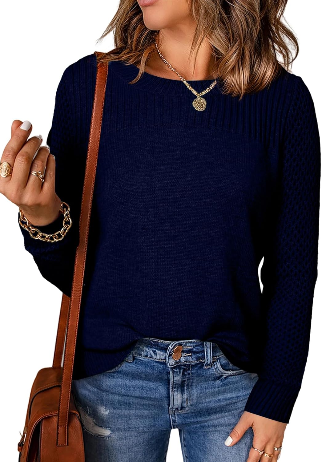 EVALESS Womens Casual Long Sleeve Crewneck Oversized Sweater