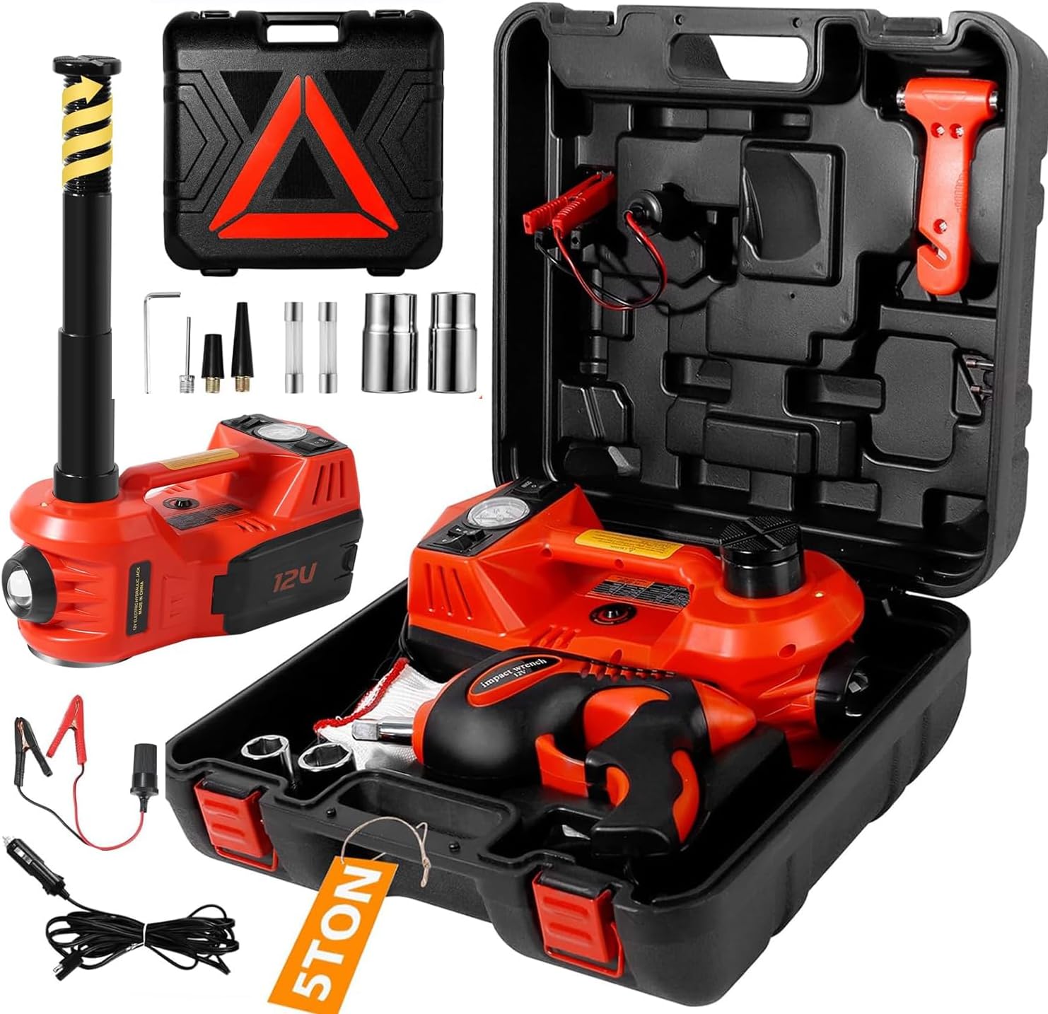 Electric Car Jack Kit 5 Ton 12V with Impact Wrench and Pump