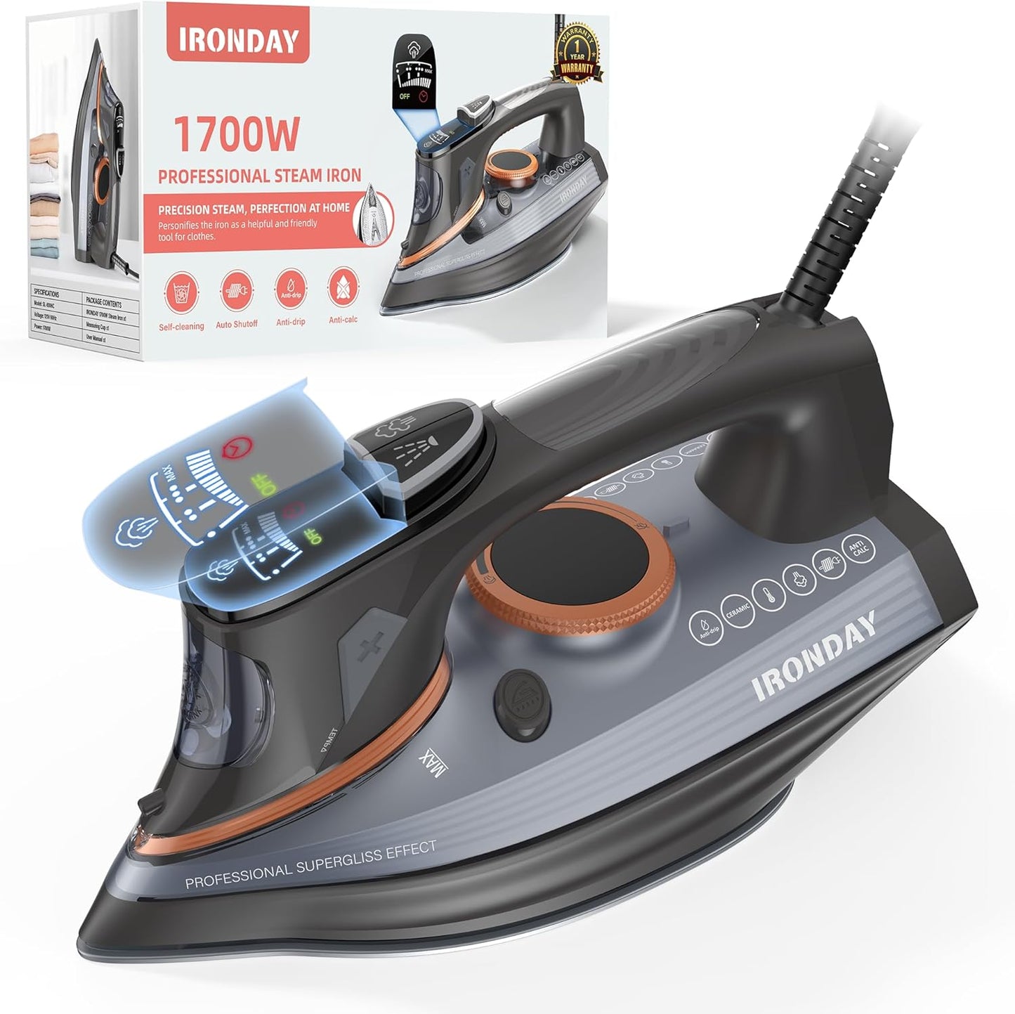 Steam Iron for Clothes with LCD Screen and Powerful Features