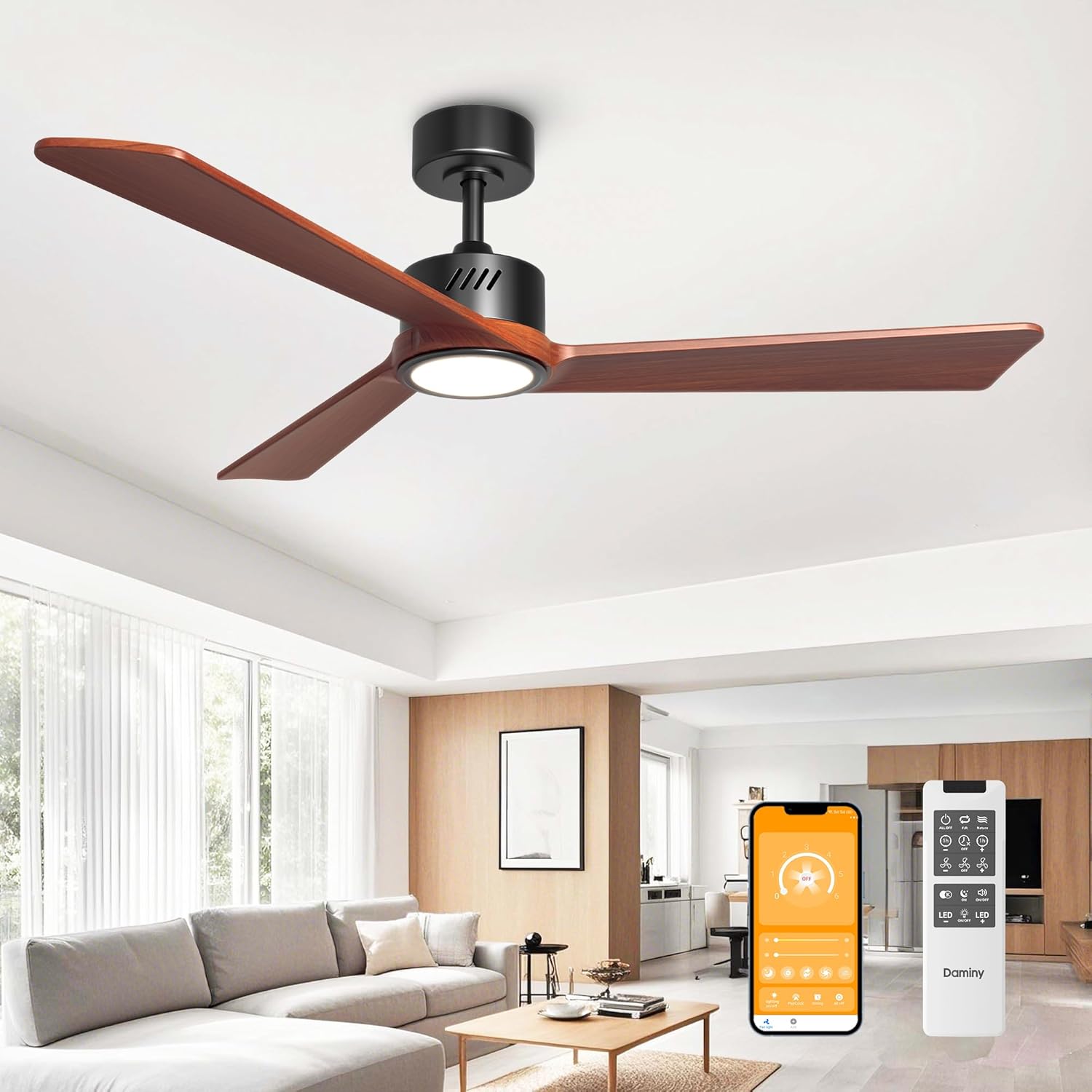 DAMINY Natural Solid Wood 52 inch Ceiling Fan with Light and Remote