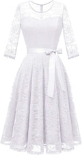 Women's Floral Lace Tea Length Bridesmaid Dress with Sheer Neck