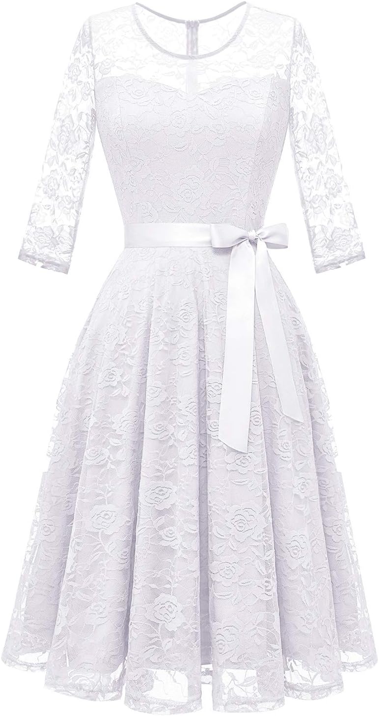 Floral Lace Short Dress for Women with Sheer Neckline and Bow