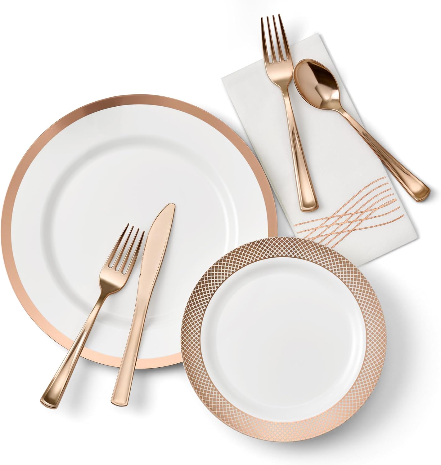 Elegant Plastic Dinnerware Set - 175 Pc Rose Gold Plates & Utensils