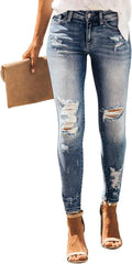 Women's Ripped Skinny Slim Fit Mid Waist Jeans - Distressed Stretchy