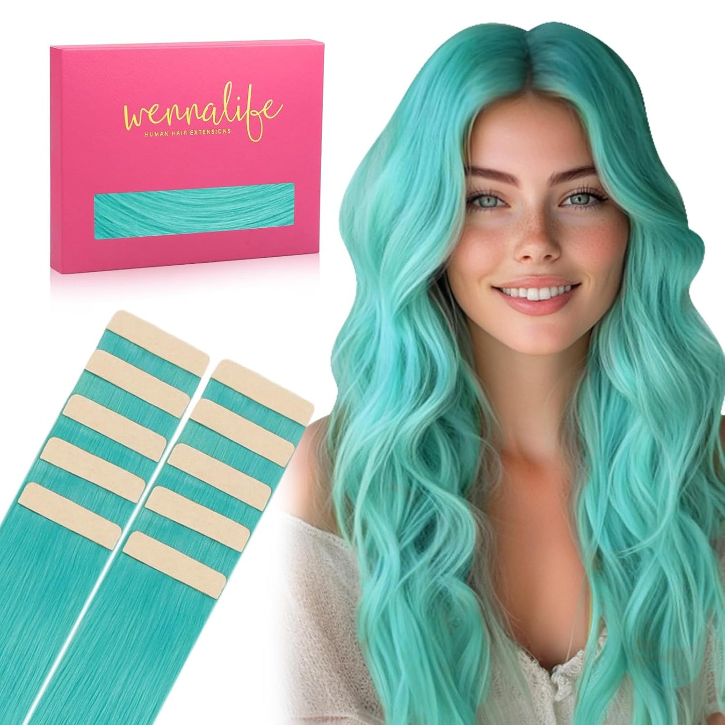 WENNALIFE Tape in Hair Extensions for Vibrant Teal Green Style