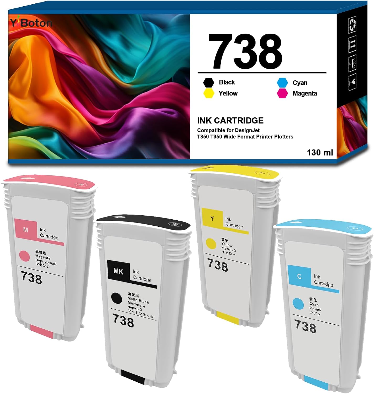 High Yield 738 Ink Cartridges for HP DesignJet T850 T950 Printers