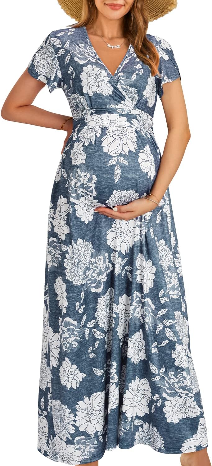 OUGES Maternity Maxi Dress Wrap V Neck for Baby Shower Events