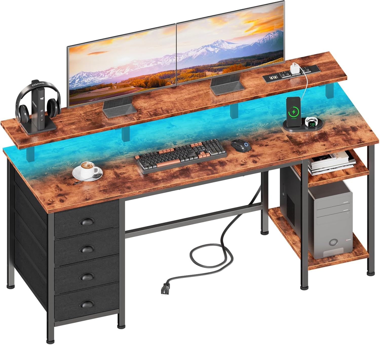 61 Gaming Desk with LED Lights & Power Outlets