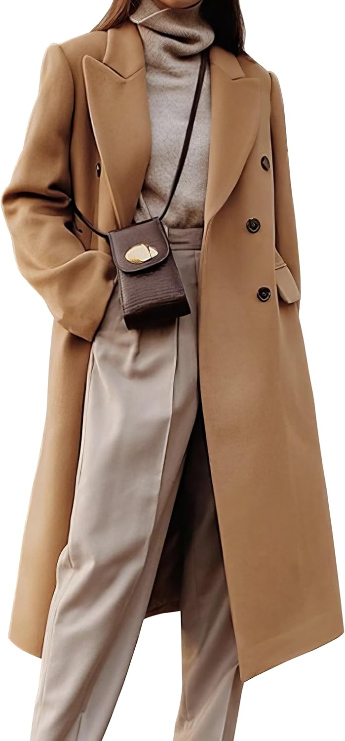 Womens Long Wool Coats Double Breasted Trench Peacoat for Fall