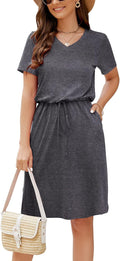Women Summer Casual Midi Dress V Neck Drawstring - Versatile T-Shirt