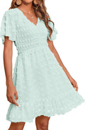 Womens Summer V Neck Smocked Swiss Dot Mini Dress - Flowy