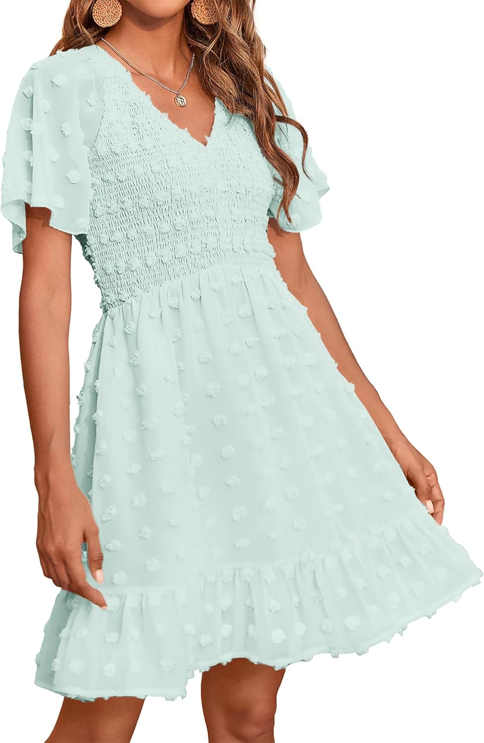 Womens Beach Vacation Dress with Ruffle and Swiss Dot Design