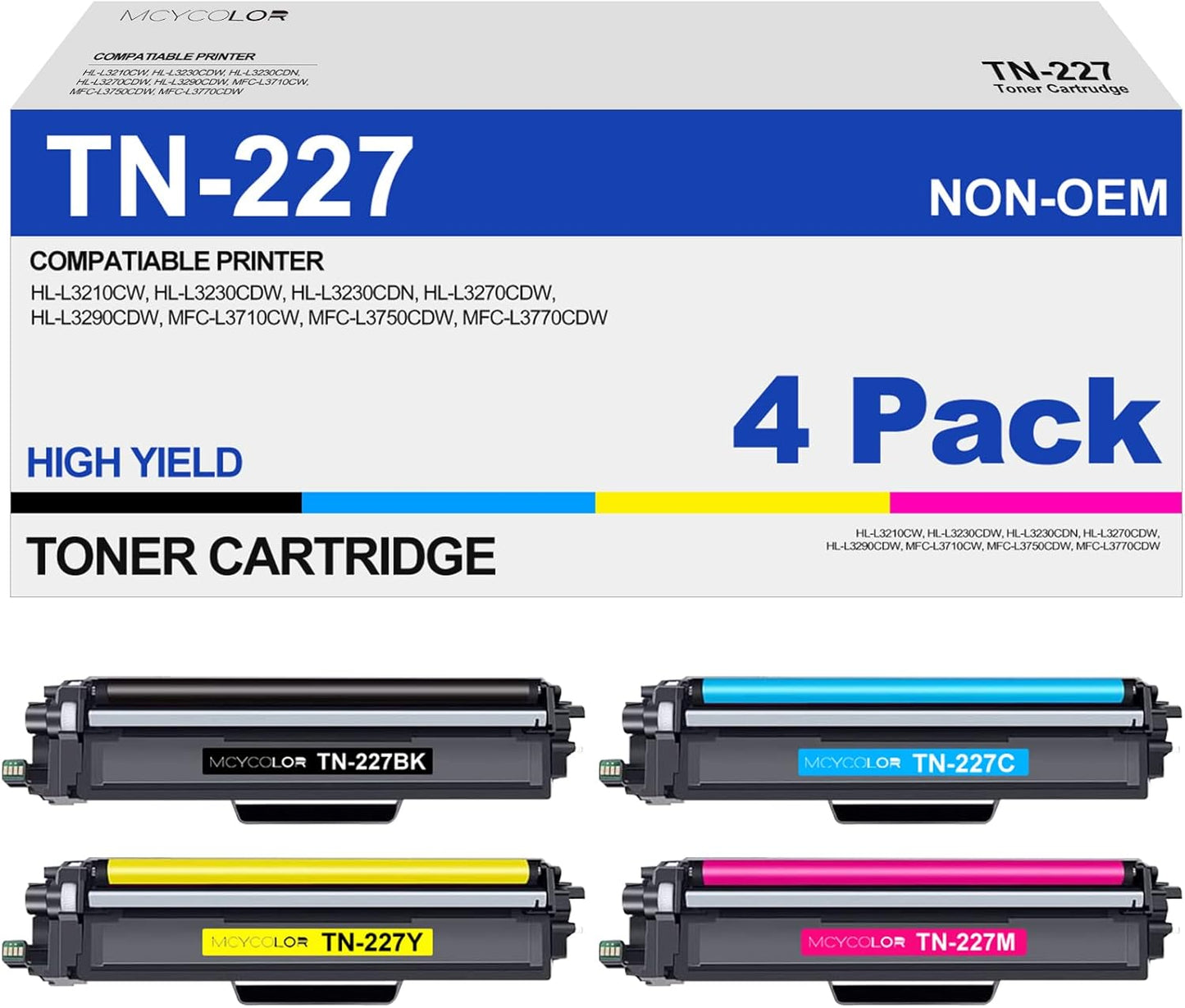 High Yield Toner Cartridge for Brother TN-227 TN223 - 4 Pack