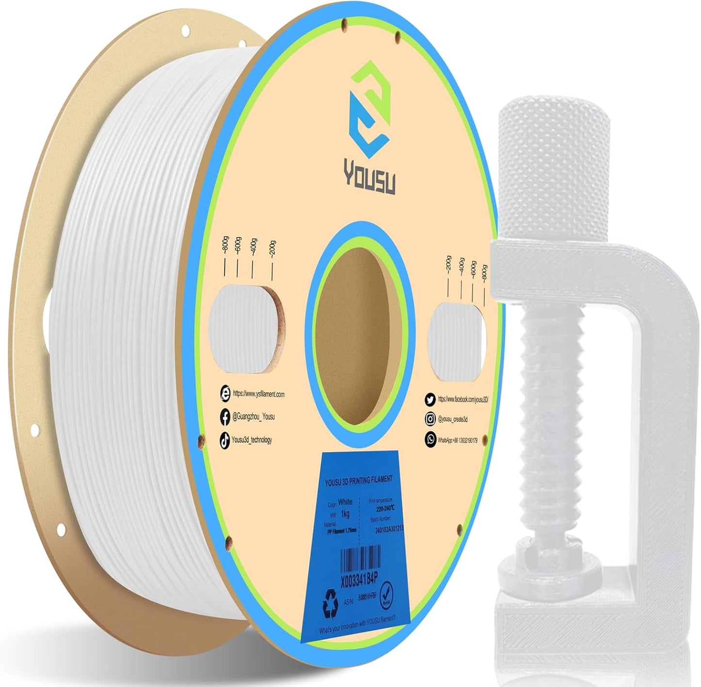 YOUSU Polypropylene PP Filament for FDM 3D Printers, 1.75mm