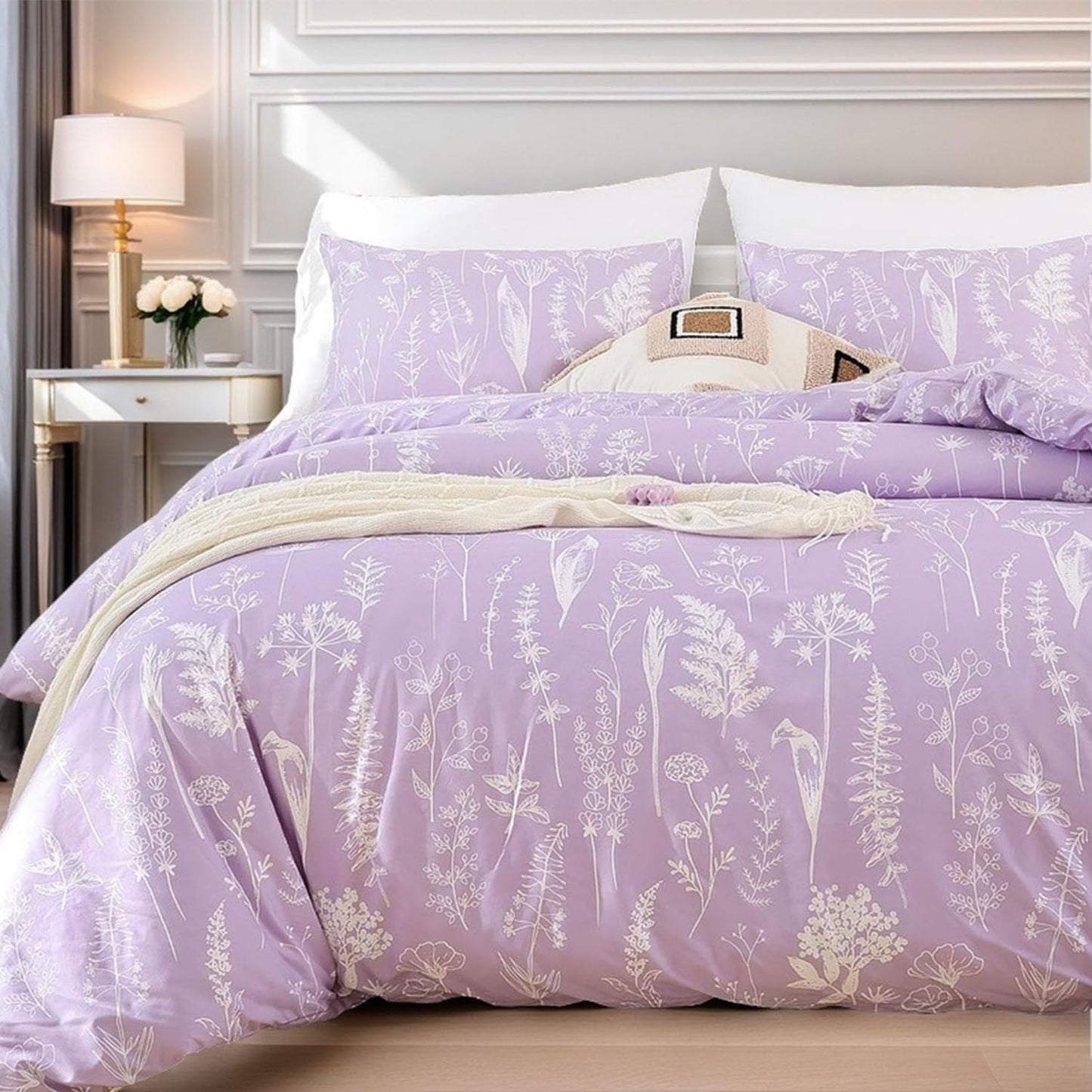 JANZAA Queen Comforter Set Lavender Floral Bedding 3 Pieces