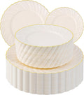 Premium Ivory Scalloped Plastic Plates - Elegant Disposable Plates Set for Party - Heavy Duty, Gold Rim - 100pcs (Dinner & Dessert)