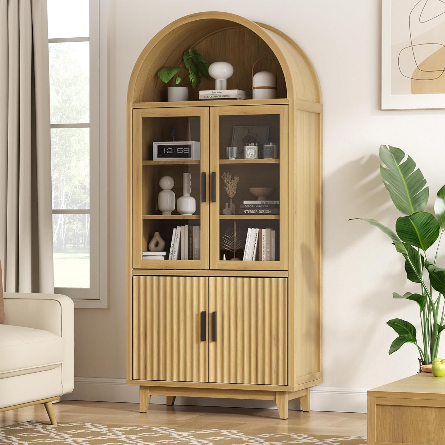 Arched Cabinet with Glass Doors for Living Room and Kitchen