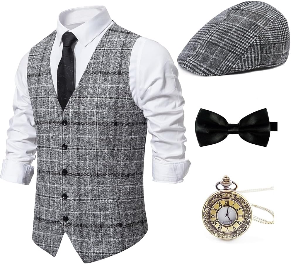 Gatsby Gangster Vest Fedora Hat Suspenders Bow Tie Set for Men