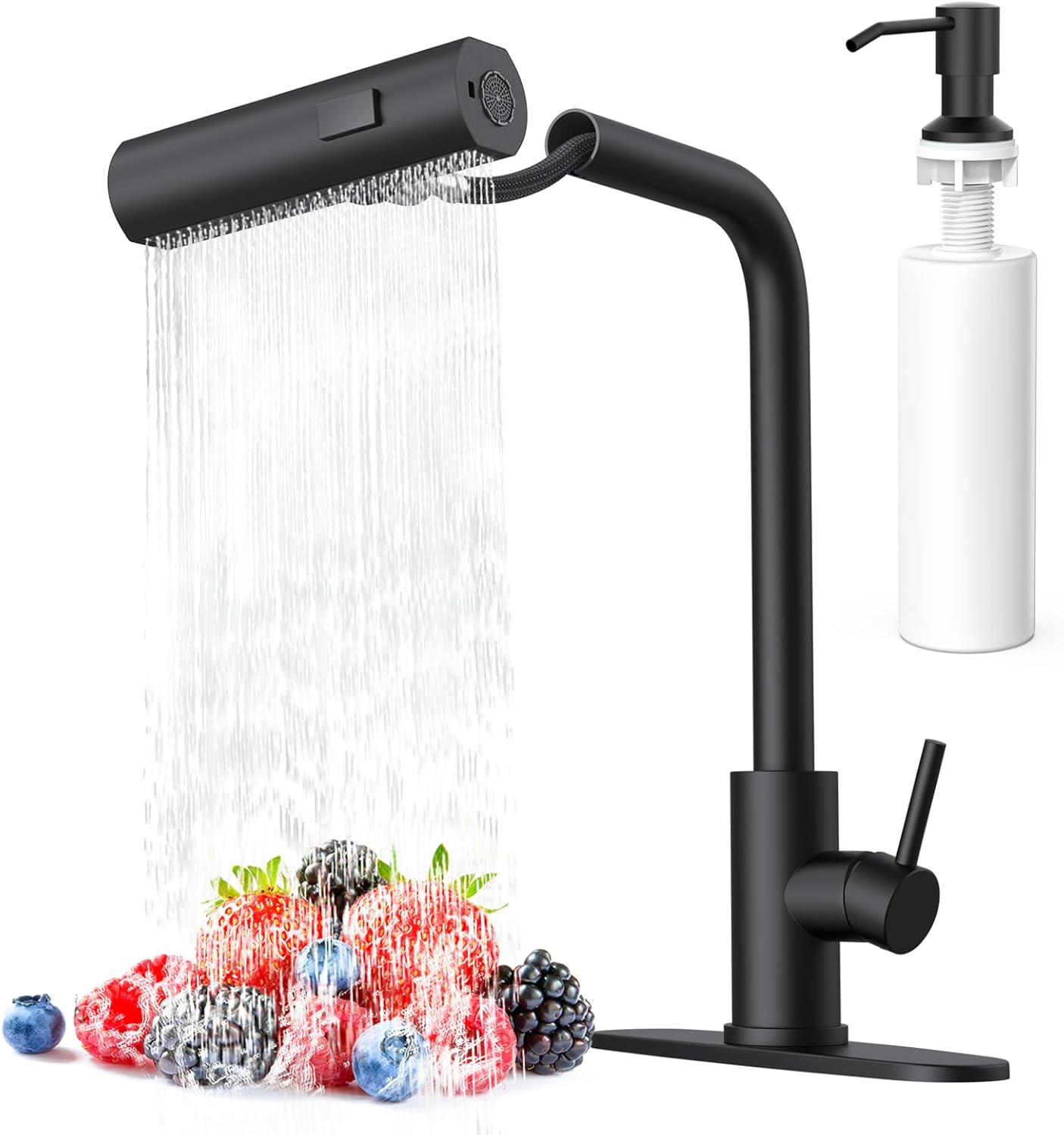 Matte Black Waterfall Kitchen Faucet with Pull Down Sprayer