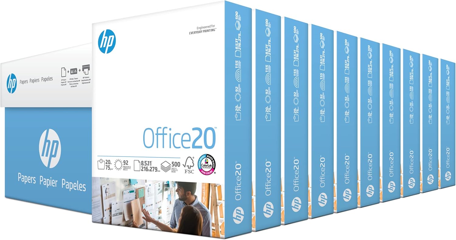 HP Printer Paper 8.5 x 11 Office 20 lb 10 Ream Case 5000 Sheets