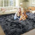 KING DARE 8x10 Area Rug - Plush Shaggy Tie-Dyed Black Gray