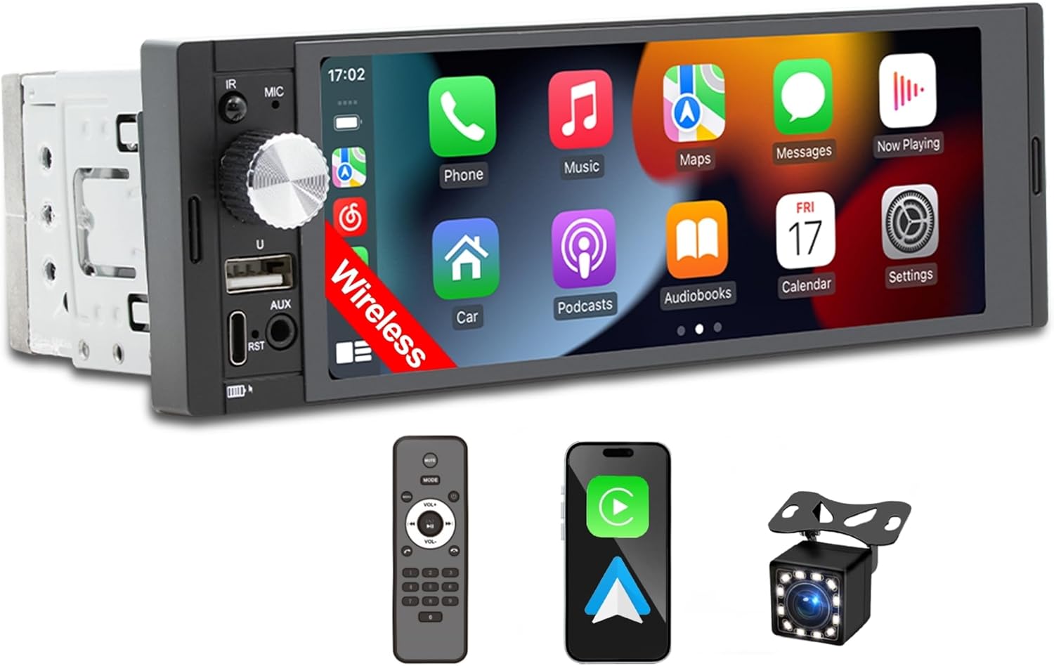 Single DIN Car Stereo with Wireless Apple CarPlay & Android Auto