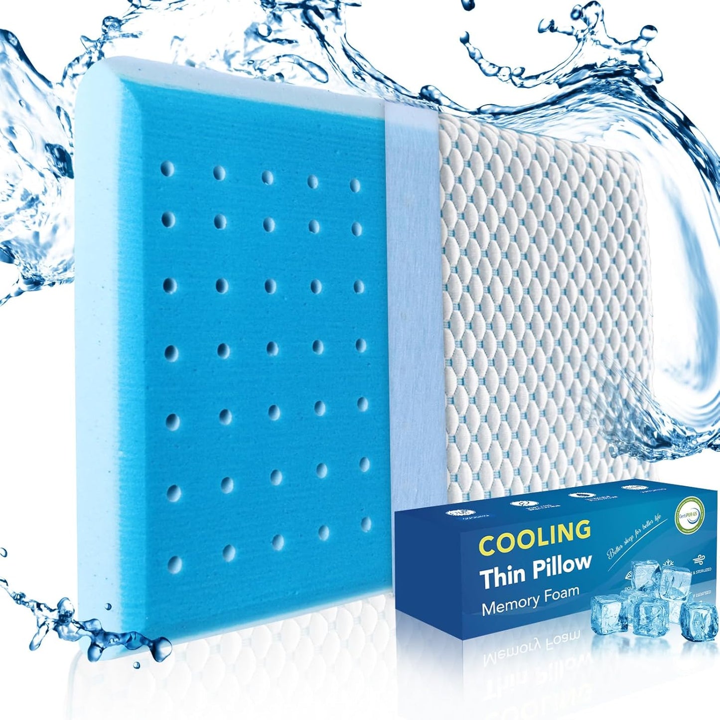 Cooling Gel Flat Pillow for Stomach and Back Sleepers Comfort