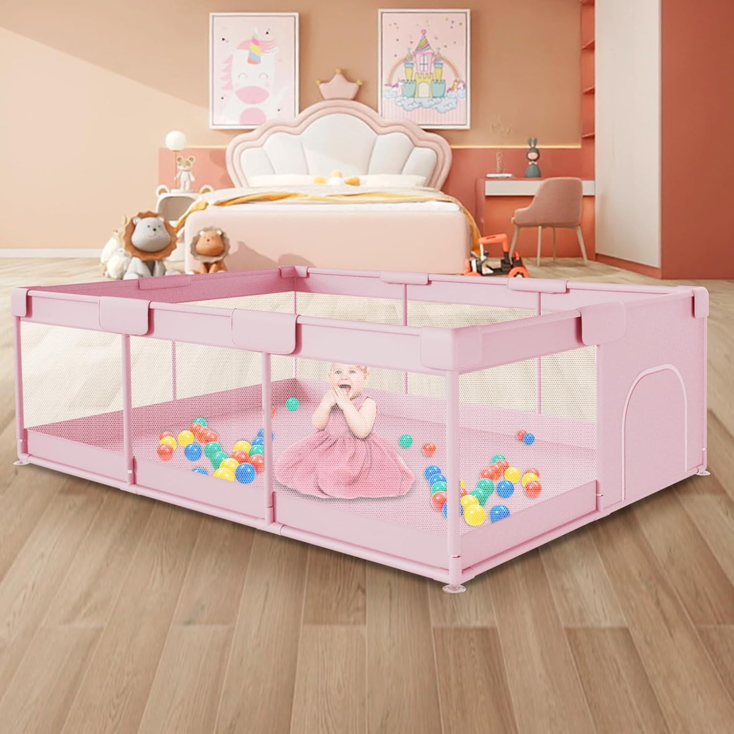 Spacious Pink Baby Playpen w/ Zipper Gates