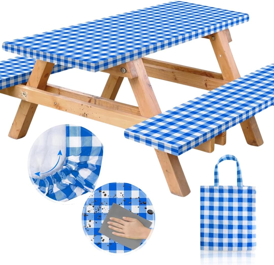 RNOONY Vinyl Fitted Picnic Table Cover Set for Outdoor Use