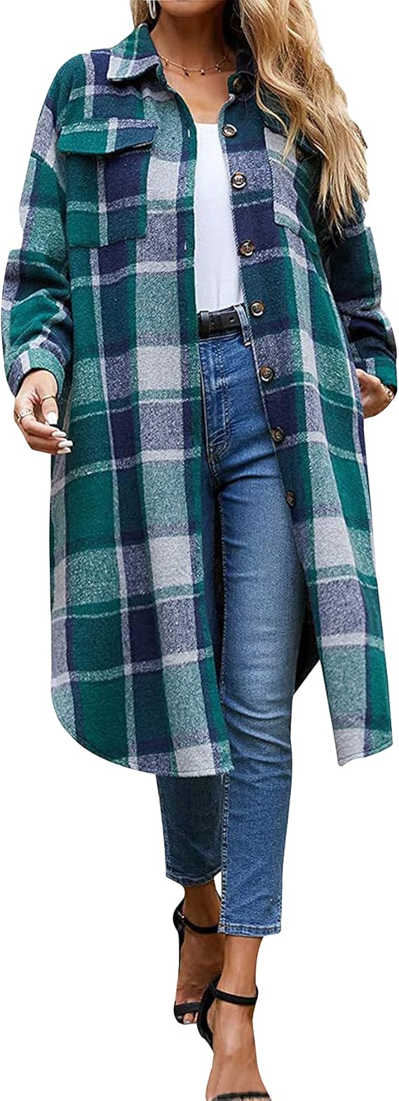 Ainangua Women's Casual Wool Blend Long Plaid Shirt Jacket